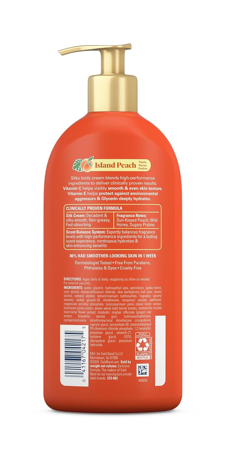 Gold Bond Island Peach Smoothing Silk Cream, Juicy Peach Scent, 24-Hour Hydrating Body Lotion with Vitamin C, Vitamin E, and Jojoba Oil, 14 oz.