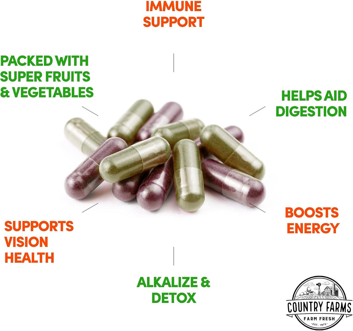 Country Farms Fruits and Vegetables Supplement, 180 Fruit and 180 Veggie Capsules, Greens and Reds Packed with Superfoods, Powerful Antioxidants, 60 Servings