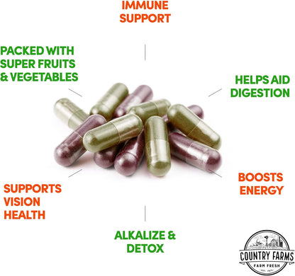 Country Farms Fruits and Vegetables Supplement, 180 Fruit and 180 Veggie Capsules, Greens and Reds Packed with Superfoods, Powerful Antioxidants, 60 Servings