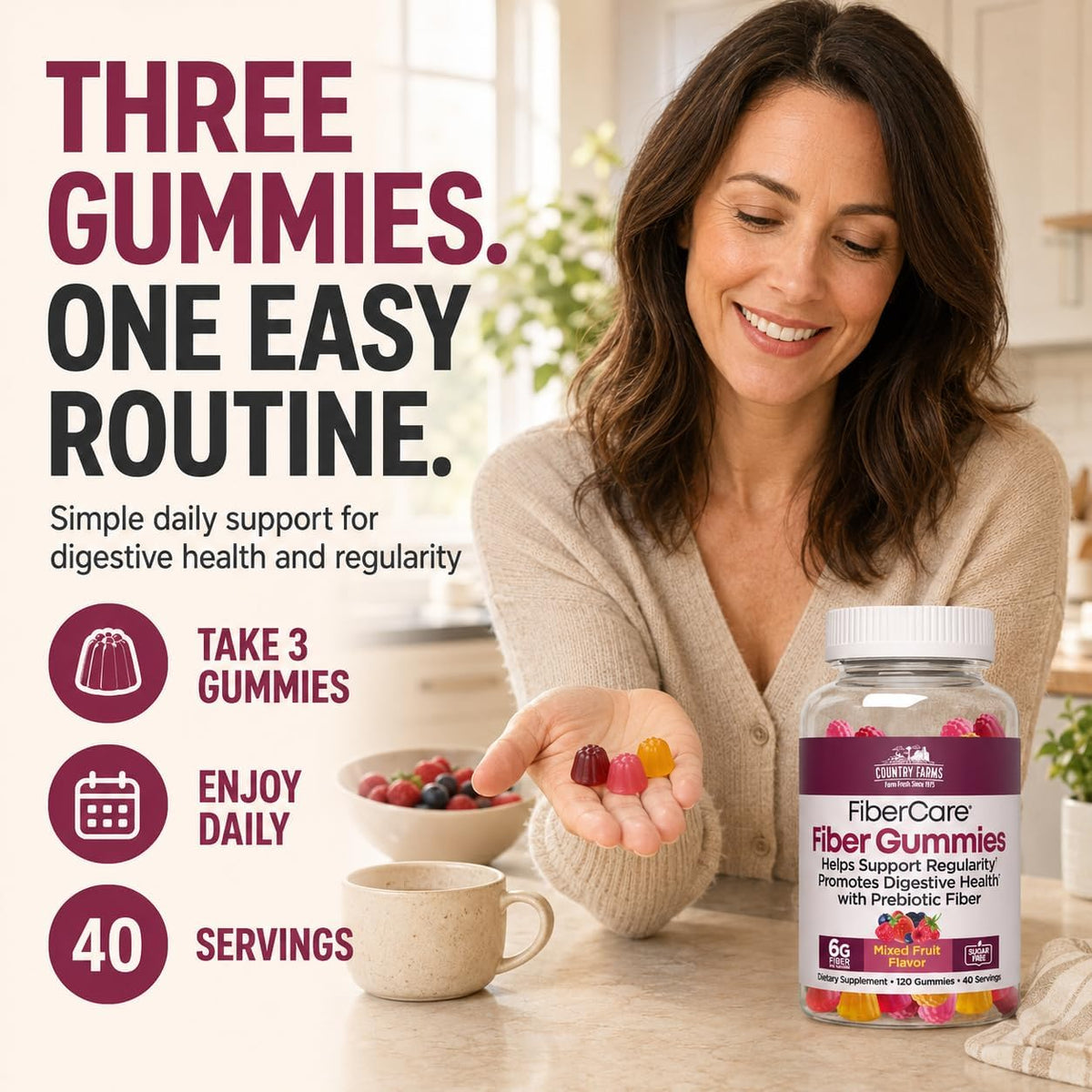 Country Farms Fiber Care Prebiotic Gummies, 6g of Fiber Per Serving, FOS from Beets, Digestive Health, Supports Regularity, Mixed Fruit Flavor