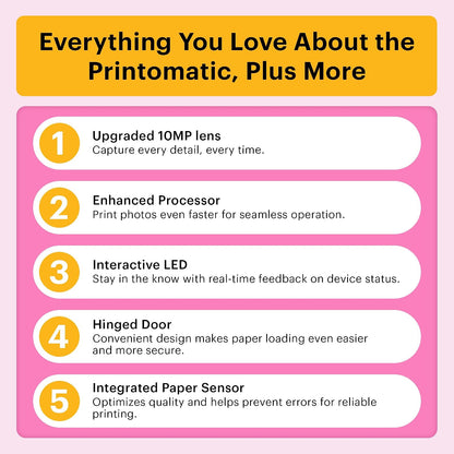 Kodak Printomatic+ Instant Print Digital Camera (Pink) 10MP Portable Camera with Interactive RGB LED Status Indicator, Prints Full-Color Photos on Zink 2x3” Sticky-Backed Photo Paper - Easy & Fun