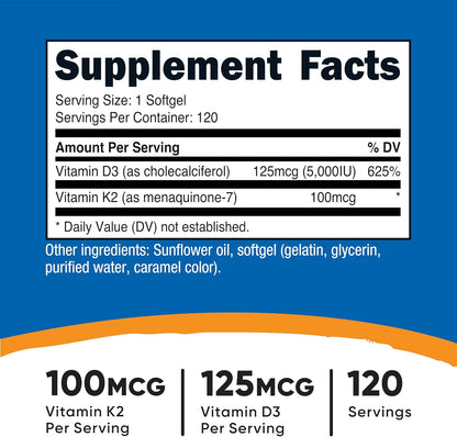 Nutricost Vitamin K2 (MK7) (100mcg) + Vitamin D3 (5000 IU) 120 Softgels - Gluten Free and Non-GMO (Pack of 2)