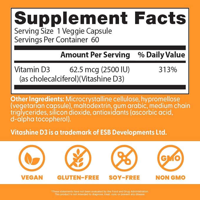 Doctor's BEST Vegan Vitamin D3 2500 IU Veg Caps, 60 Veggie Capsules