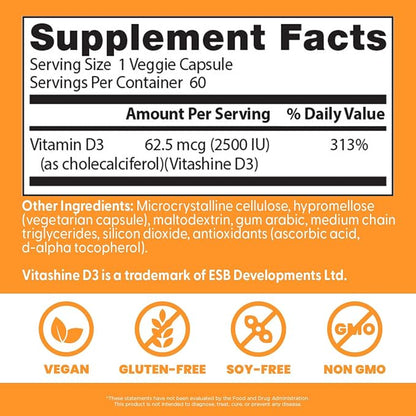 Doctor's BEST Vegan Vitamin D3 2500 IU Veg Caps, 60 Veggie Capsules