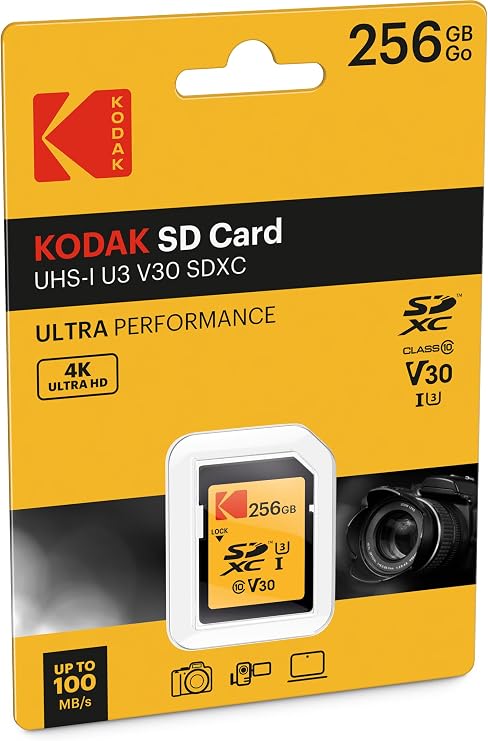 Kodak SDXC Card 256GB UHS-I U3 V30 Ultra - Up to 95MB/s Max Read Speed - Write Speed 85MB/s Max - Storage of 4K Ultra HD Videos and HD Photos - Full-Size SD Card