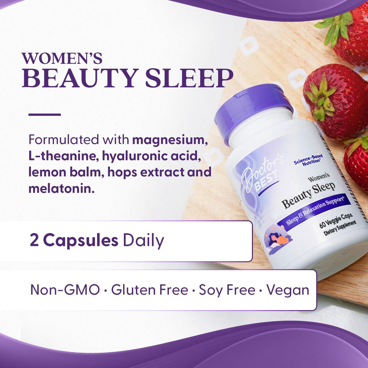 Doctors Best Womens Beauty Sleep with Magnesium, Theanine, Melatonin, Sleep & Relaxation Support, Non-GMO, Gluten Free, Soy Free, Vegan 60 Veggie Caps