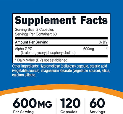Nutricost Alpha GPC (600mg) 120 Vegetarian Capsules, Gluten Free