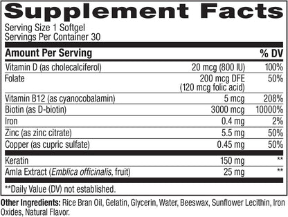 OLLY Ultra Strength Hair Softgels,Supports Hair Health,Biotin,Keratin,Vitamin D,B12,Hair-Supplement,30 Day Supply - (Packaging May Vary),30 Count (Pack of 2)