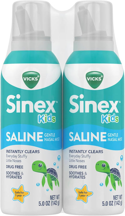 Vicks Sinex, Children's Saline Nasal Spray, Drug Free Ultra Fine Mist with Hint of Aloe, Ages 1+, Fast Everyday Stuffy Nose Relief for Kids, Clear Mucus from a Cold or Allergy, 5 OZ x 2