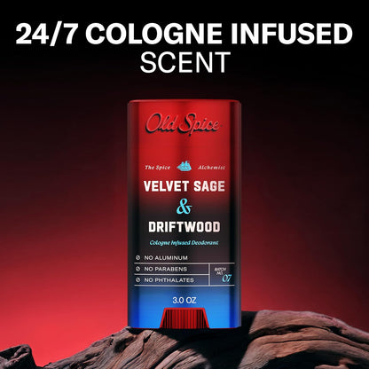 Old Spice Aluminum Free Deodorant for Men, The Spice Alchemist Collection, 24/7 Cologne Infused Scent, No Trade Off Formula, Free of Parabens & Phthalates, Velvet Sage + Drift Wood Scent, 3.0 oz
