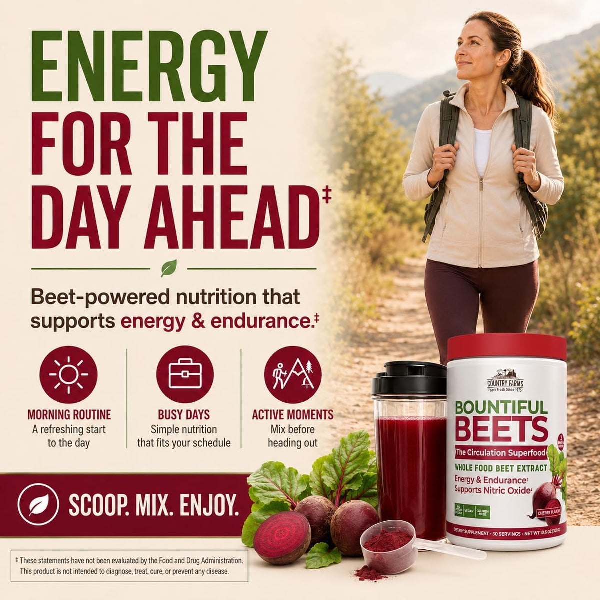 Country Farms Bountiful Beets, Wholefood Beet Extract Superfood, Helps Support Healthy Circulation and Promote Energy, Nitric Oxide Boost, Cherry Flavor, 30 Servings