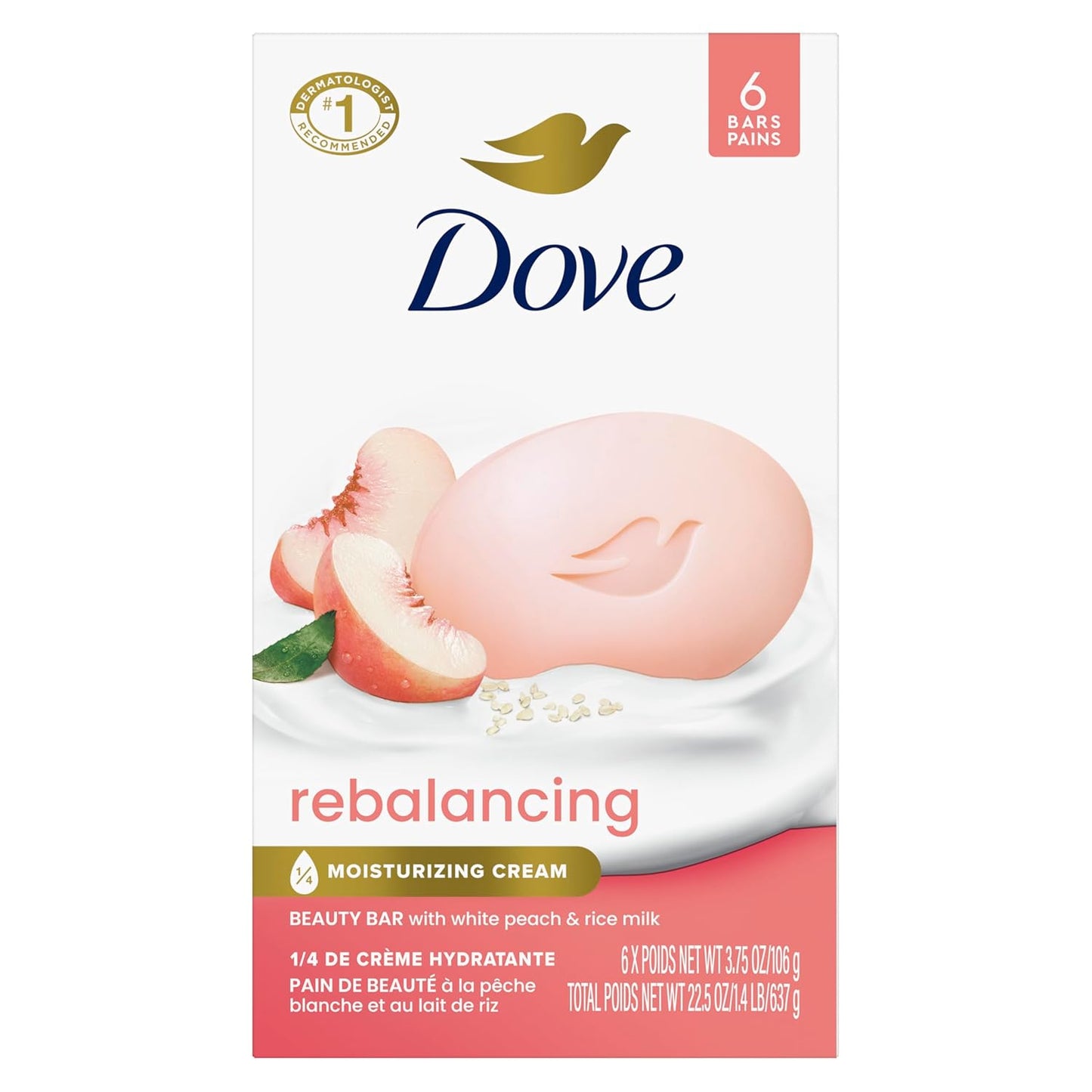 Dove Rebalancing Beauty Bar Soap 6 Count, White Peach & Rice Milk, 3.75 oz I Plant-based beauty bar with white peach and rice milk for soft, moisturized skin