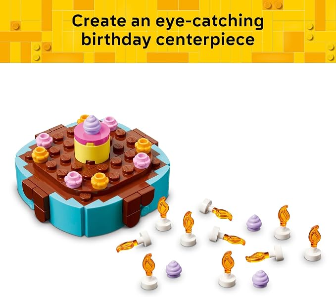 LEGO Birthday Party Cake - Building Toy for Boys & Girls, Ages 7+ - Birthday Decoration with 10 Candle Accessories - Craft for Kids - 40815
