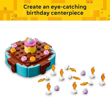 LEGO Birthday Party Cake - Building Toy for Boys & Girls, Ages 7+ - Birthday Decoration with 10 Candle Accessories - Craft for Kids - 40815