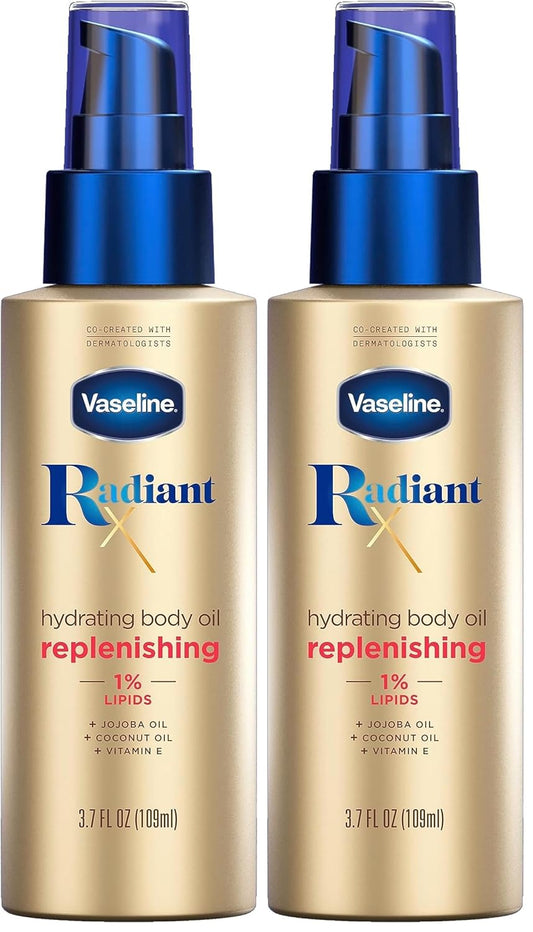 Vaseline Radiant X Replenishing and Hydrating Body Oil with 1% Lipids,Jojoba Oil,Coconut-Oil,& Vitamin E 3.7 oz,(Pack of 2)