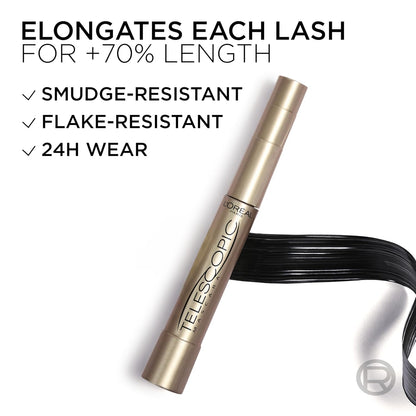 L’Oreal Paris Makeup Original Telescopic Mascara, Separating Mascara Volume and Length Formula, Washable, Blackest Black, 0.27 Fl Oz., 1 Count