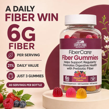 Country Farms Fiber Care Prebiotic Gummies, 6g of Fiber Per Serving, FOS from Beets, Digestive Health, Supports Regularity, Mixed Fruit Flavor