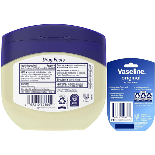 Vaseline Petroleum Jelly Value-Size 2-Pack + Mini Vaseline Lip Therapy Original with Vitamin E for Soft, Smooth Skin & Lips