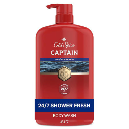 Old Spice Refreshing Body Wash for Men, 3X Defense, 24/7 Shower Fresh with Long Lasting Scent, Red Collection, Captain with Bergamot Scent, 33.4 oz