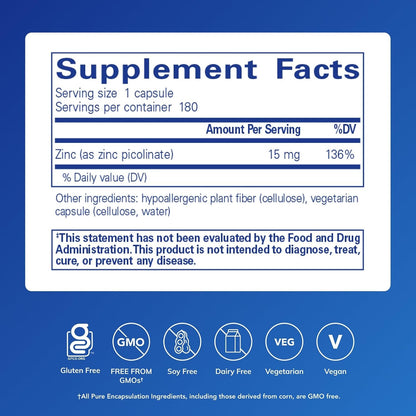 Pure Encapsulations Zinc 15 mg, 180 Capsules