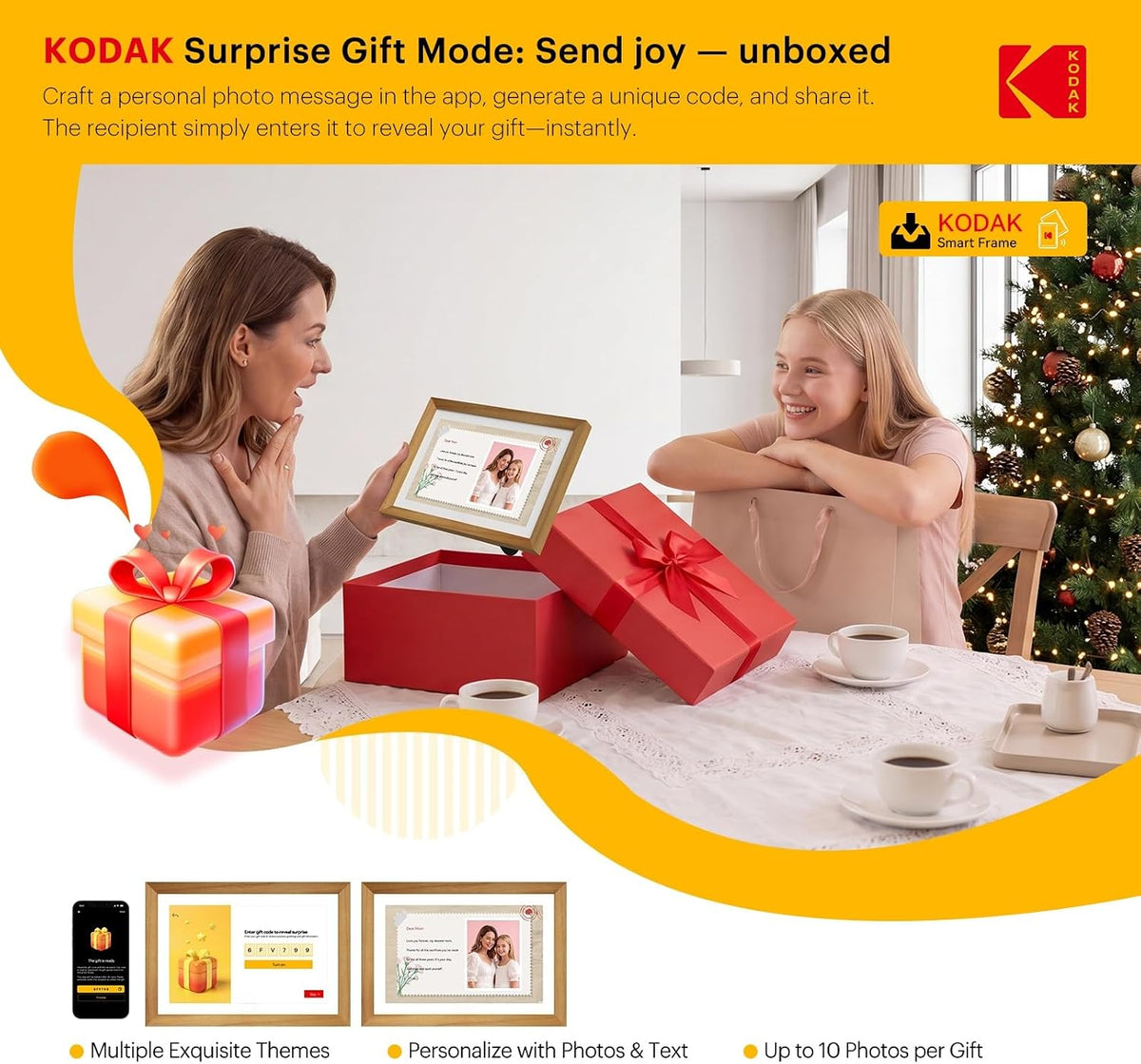KODAK 10.1" WiFi Digital Picture Frame, Rechargeable Battery, Solid Wood