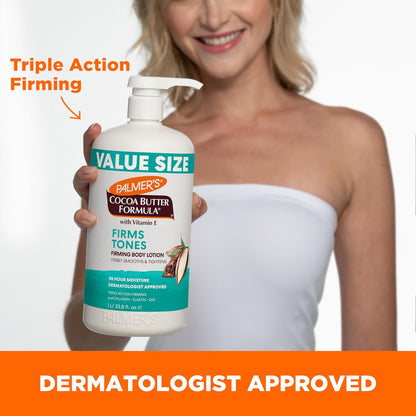 Palmer’s Cocoa Butter Formula, Firming Body Lotion (33.8 fl oz), Skin Toning & Tightening Moisturizer with Collagen, Elastin, Q10 & Vitamin E, 48-Hour Moisture, Vegan Friendly, Dermatologist Approved