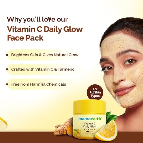 Mamaearth Vitamin C & Kaolin Clay Facial Mask | Enhances Skin Tone & Helps Reduce Spots | Firms, Soothes & Gives Glowing Skin | Face Pack for Skin Illumination | 3.53 Oz/100 g