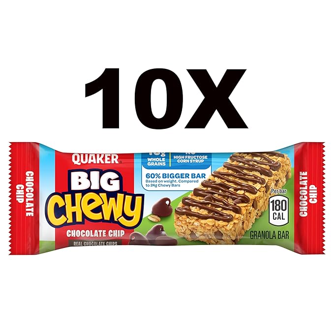 Quaker Big Chewy Granola Bars, 60% Larger, Chocolate Chip, (10 Count)