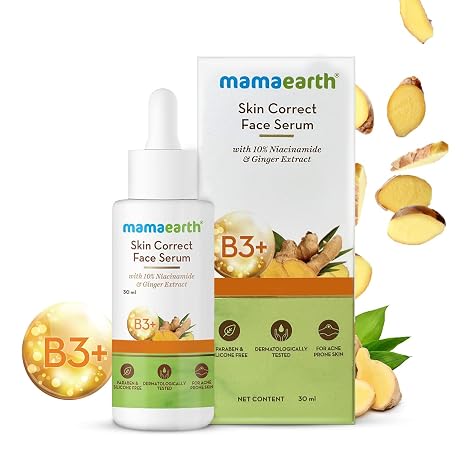 Mamaearth Skin Correct Face Serum | with Niacinamide and Ginger Extract to Reduce Acne Marks and Scars | Hydrating Serum Minimizes Open Pores | 1.01 Fl Oz/30ml | Lightweight serum texture suitable for daily skincare routines.