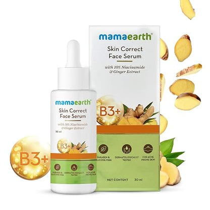 Mamaearth Skin Correct Face Serum | with Niacinamide and Ginger Extract to Reduce Acne Marks and Scars | Hydrating Serum Minimizes Open Pores | 1.01 Fl Oz/30ml | Lightweight serum texture suitable for daily skincare routines.