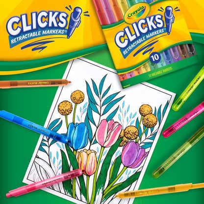 Crayola Clicks Retractable Tip Markers (10ct), Washable Cone Tip Art Marker Set, Cute Aesthetic School Supplies, Classroom Must Haves, Ages 3+