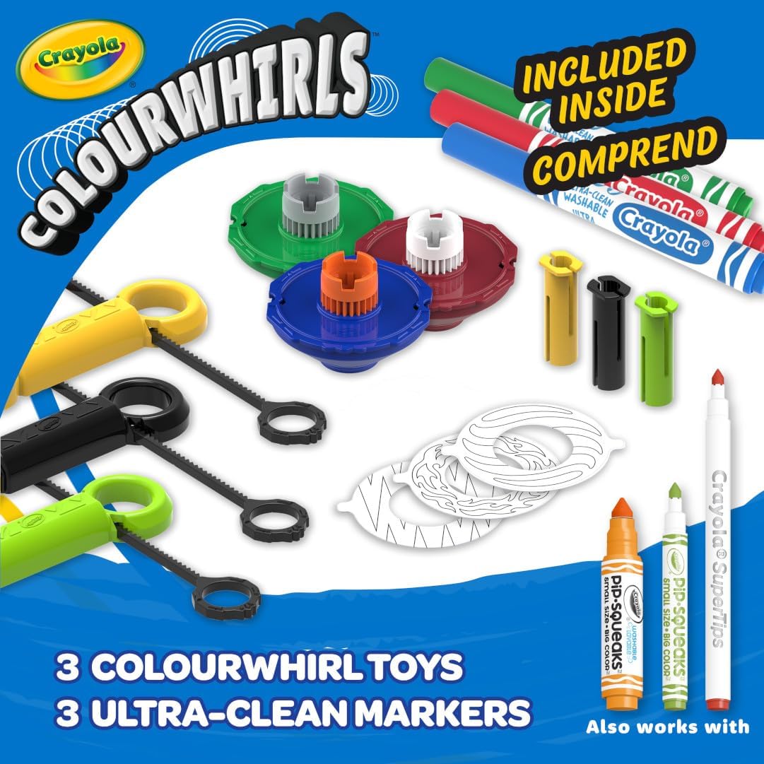 Crayola Colourwhirls (3ct), Spin Art Toy, Battling Spinning Top Toy for Kids, 1 Launcher, Arts & Crafts Kit, Gift for Boys & Girls, Ages 6, 7, 8
