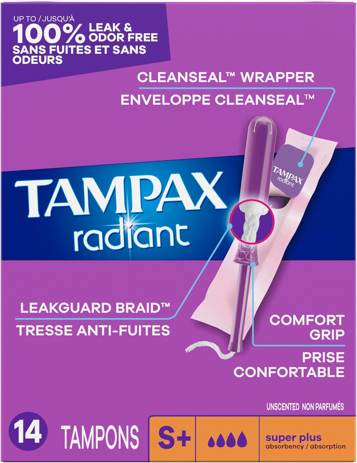 Tampax Radiant Tampons, Super Plus Absorbency, with Leakguard Braid, Unscented, 14 Count