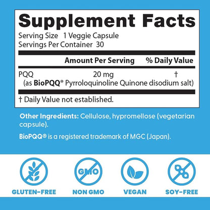Doctor's Best PQQ with BioPQQ Supplement 20 mg, Gluten Free, 30 Veg Caps