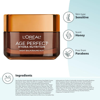 L'Oreal Paris Skincare Age Perfect Hydra Nutrition Ultra Nourishing Honey Night Balm,Face Moisturizer to Comfort,Improve Resilience on Dry Skin,Manuka Honey and Nurturing Oils,1.7 oz.,(Pack of 2)