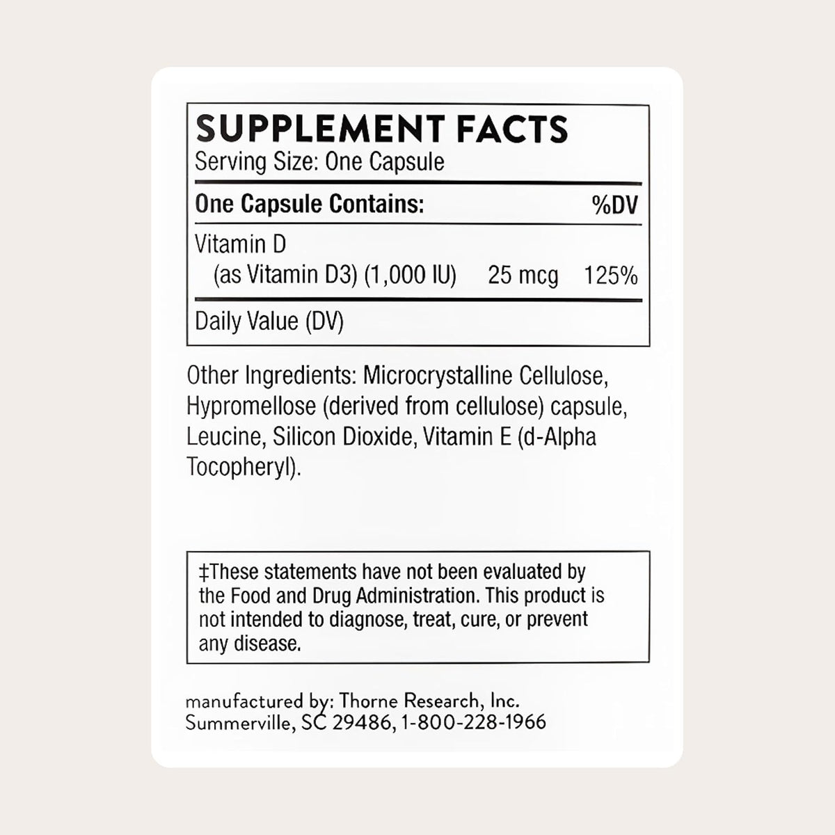 THORNE Vitamin D-1,000, Vitamin D3 Supplement, 1,000 IU, 180 Capsules