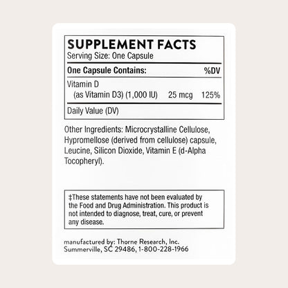 THORNE Vitamin D-1,000, Vitamin D3 Supplement, 1,000 IU, 180 Capsules