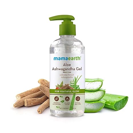 Mamaearth Aloe Ashwagandha Gel with Aloe Vera & Ashwagandha for Youthful Glow | Deeply Hydrates & Moisturizes Skin | Non Sticky & Paraben Free | 10.14 Fl Oz (300ml) | Lightweight gel texture suitable for daily skincare routines.