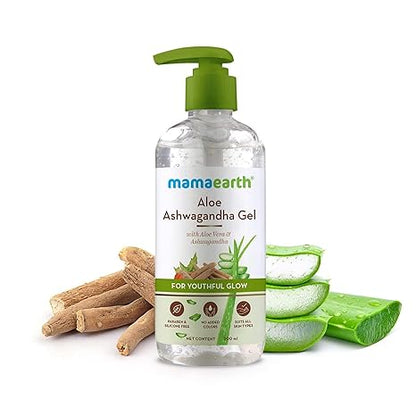 Mamaearth Aloe Ashwagandha Gel with Aloe Vera & Ashwagandha for Youthful Glow | Deeply Hydrates & Moisturizes Skin | Non Sticky & Paraben Free | 10.14 Fl Oz (300ml) | Lightweight gel texture suitable for daily skincare routines.