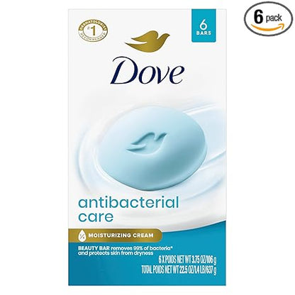 Dove Antibacterial Care Beauty Bar Soap 6 Count, Moisturizing Cleanser, 3.75 oz I Antibacterial beauty bar with ¼ moisturizing cream that removes 99% of bacteria while protecting skin from dryness