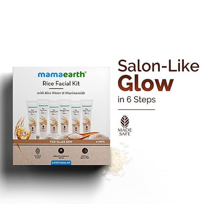 Mamaearth Rice Facial Kit, 60g | Includes cleanser, scrub, gel, massage cream, mask, and glow cream.