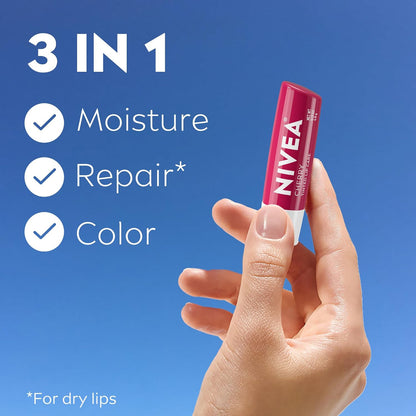 NIVEA Cherry Lip Care, Tinted Lip Balms with Shea Butter, 4 x 0.17 OZ