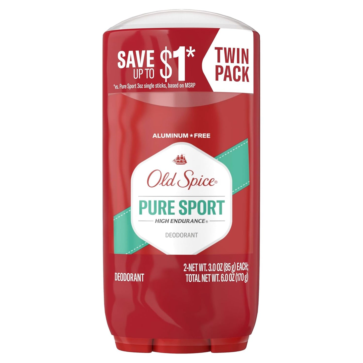 Old Spice Aluminum Free Deodorant for Men, High Endurance, 24/7 Lasting Freshness & Long Lasting Scent, 24/7 Advanced Sweat & Odor Protection, Pure Sport Scent, 3.0 oz (Pack of 2)