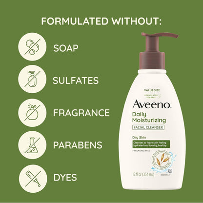 Aveeno Daily Moisturizing Facial Cleanser for Dry Skin,Gentle Face Cleanser with Soothing Oat for Skin that Feels Soft & Supple,Removes Dirt,Oil and Impurities,Fragrance Free,12 FL OZ,(Pack of 2)