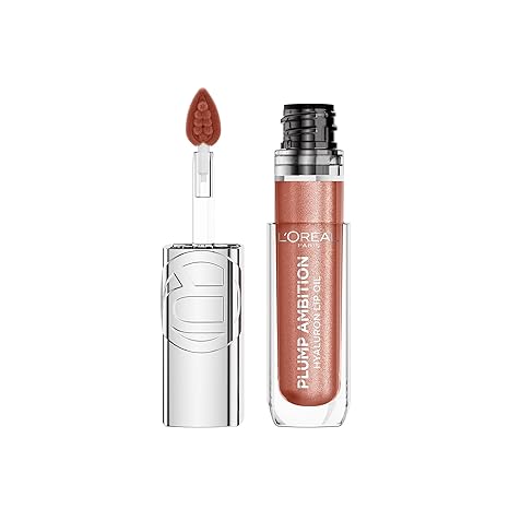 L'Oreal Paris Plump Ambition Hyaluron Lip Oil Shimmer, 24 HR Lip Gloss with Hyaluronic Acid, Volumizing Formula with Glass-Like Shine, Peach Lights, 0.16 fl oz