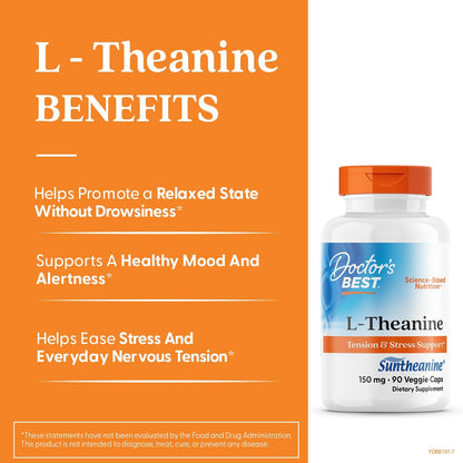 Doctor's BEST L-Theanine Caps 150 mg, for Men & Women, 90 Veg Capsules