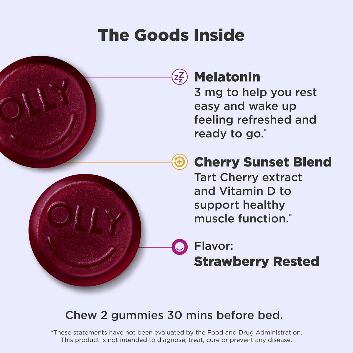 OLLY Muscle Recovery Sleep Gummies, Sleep and Sore Muscle Support, 3mg Melatonin, Tart Cherry, Vitamin D, Berry Flavor - 40 Count (Pack of 2)