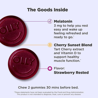 OLLY Muscle Recovery Sleep Gummies, Sleep and Sore Muscle Support, 3mg Melatonin, Tart Cherry, Vitamin D, Berry Flavor - 40 Count (Pack of 2)