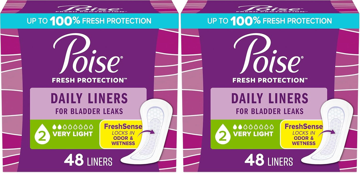 Poise Panty Liners, Very Light Absorbency, 48 Count, Pack of 2 | 2 Drop | Regular Size | For Incontinence