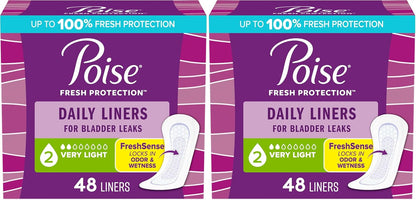 Poise Panty Liners, Very Light Absorbency, 48 Count, Pack of 2 | 2 Drop | Regular Size | For Incontinence